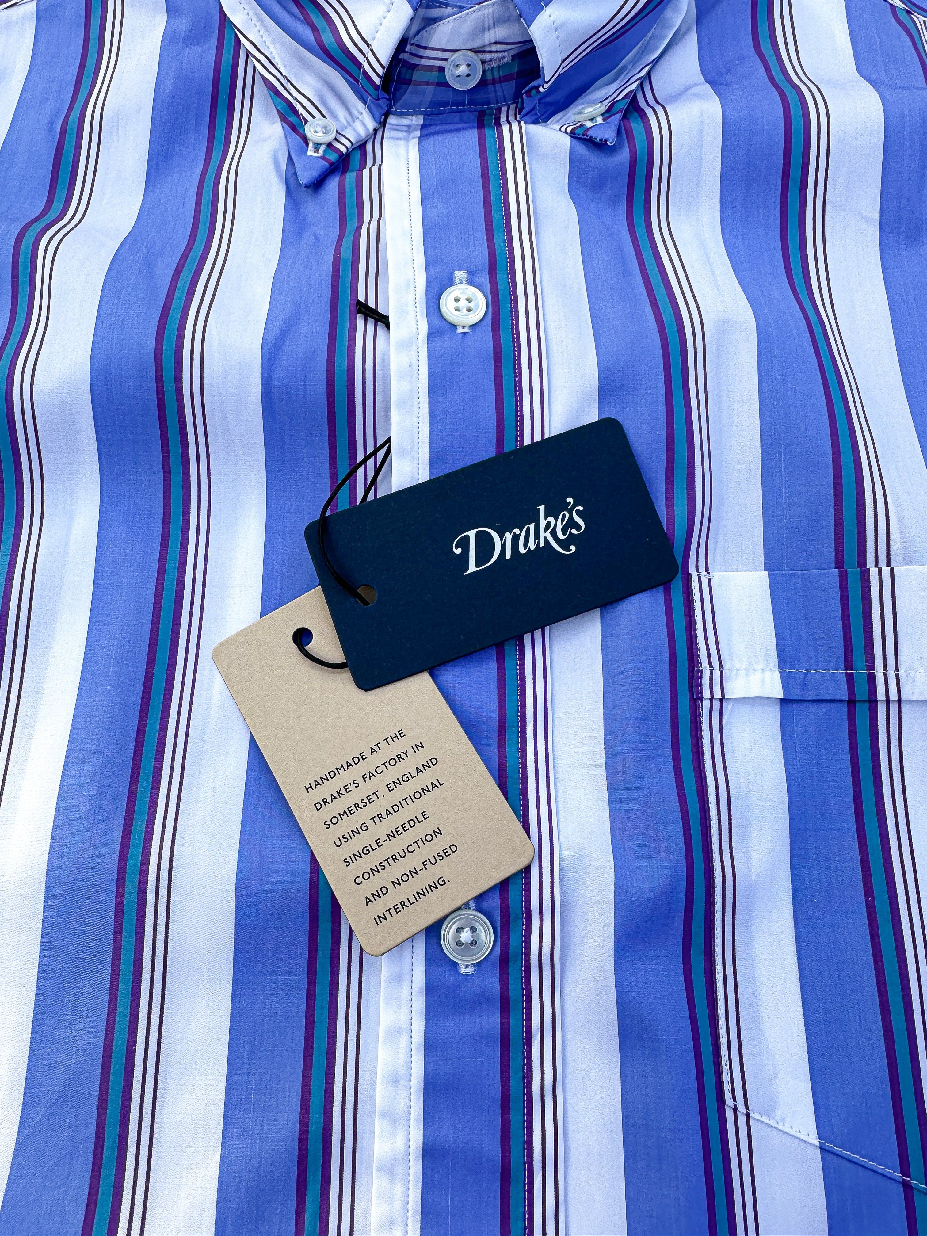 Drake's Blue White Purple Striped Formal Shirt - House Of Huntington