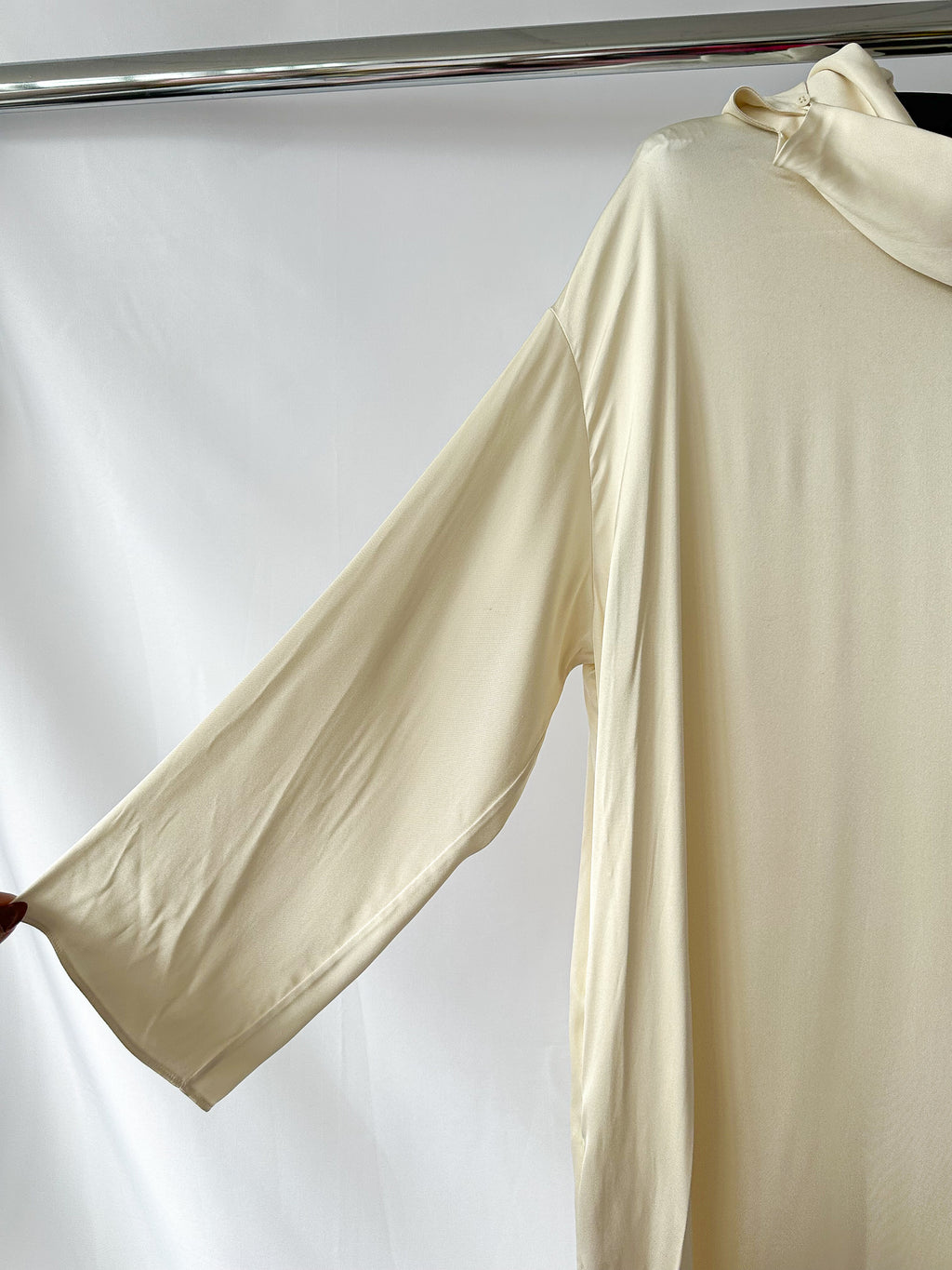 The Row Ivory Santia Cowl Neck Silk Twill Long Sleeve Dress