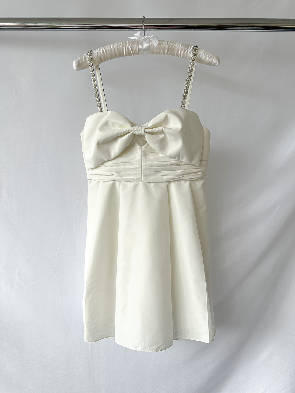 Self-Portrait White Bow Front Embellished Strap Taffeta Mini Dress