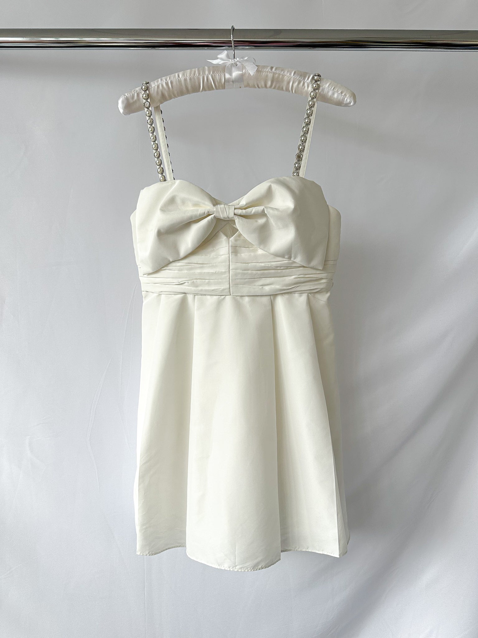 Self-Portrait White Bow Front Embellished Strap Taffeta Mini Dress