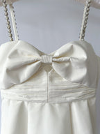 Self-Portrait White Bow Front Embellished Strap Taffeta Mini Dress