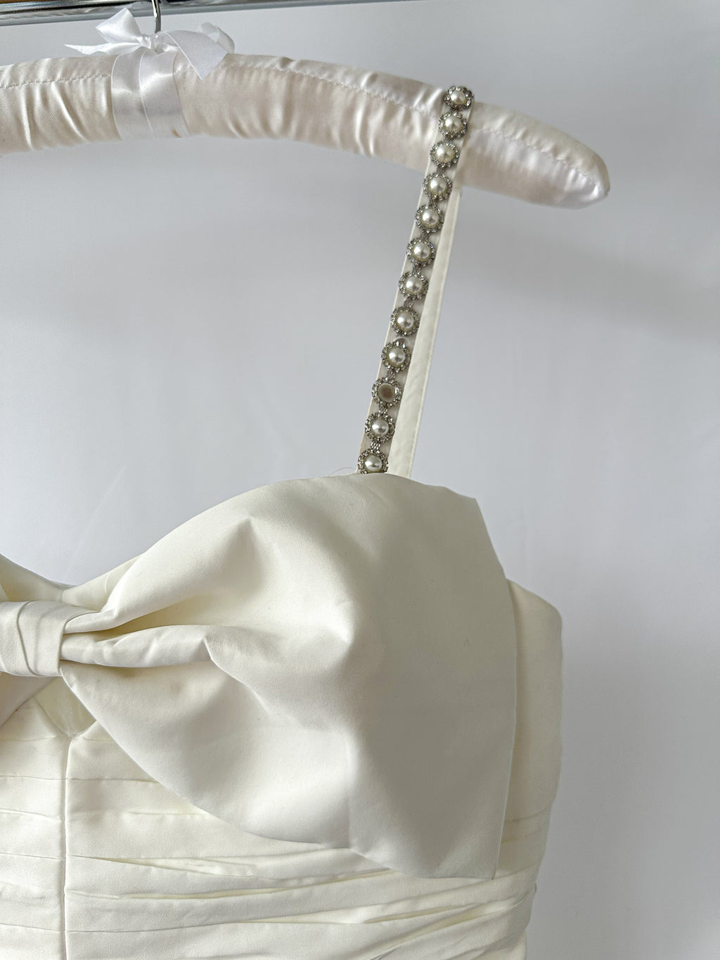 Self-Portrait White Bow Front Embellished Strap Taffeta Mini Dress