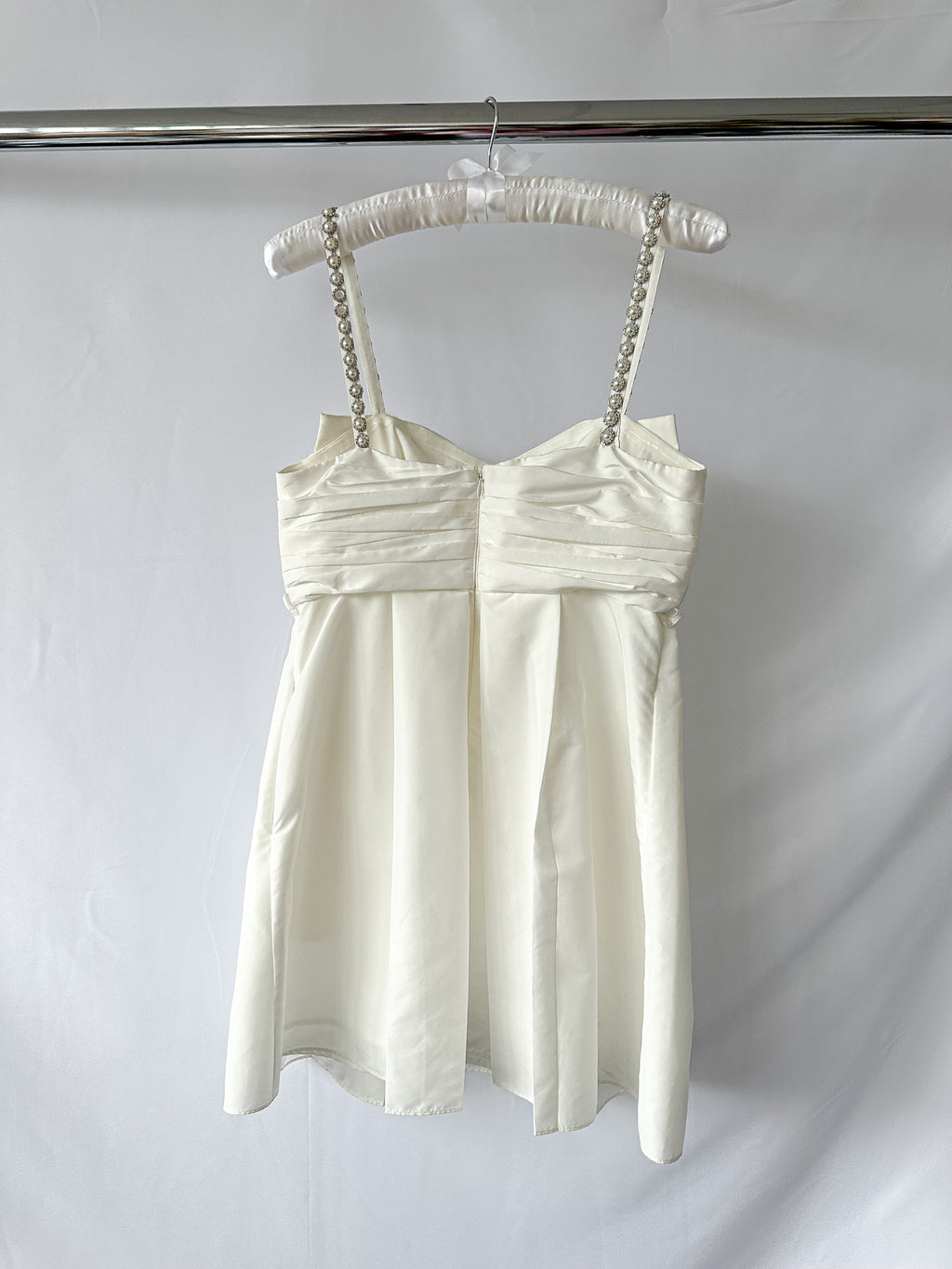 Self-Portrait White Bow Front Embellished Strap Taffeta Mini Dress