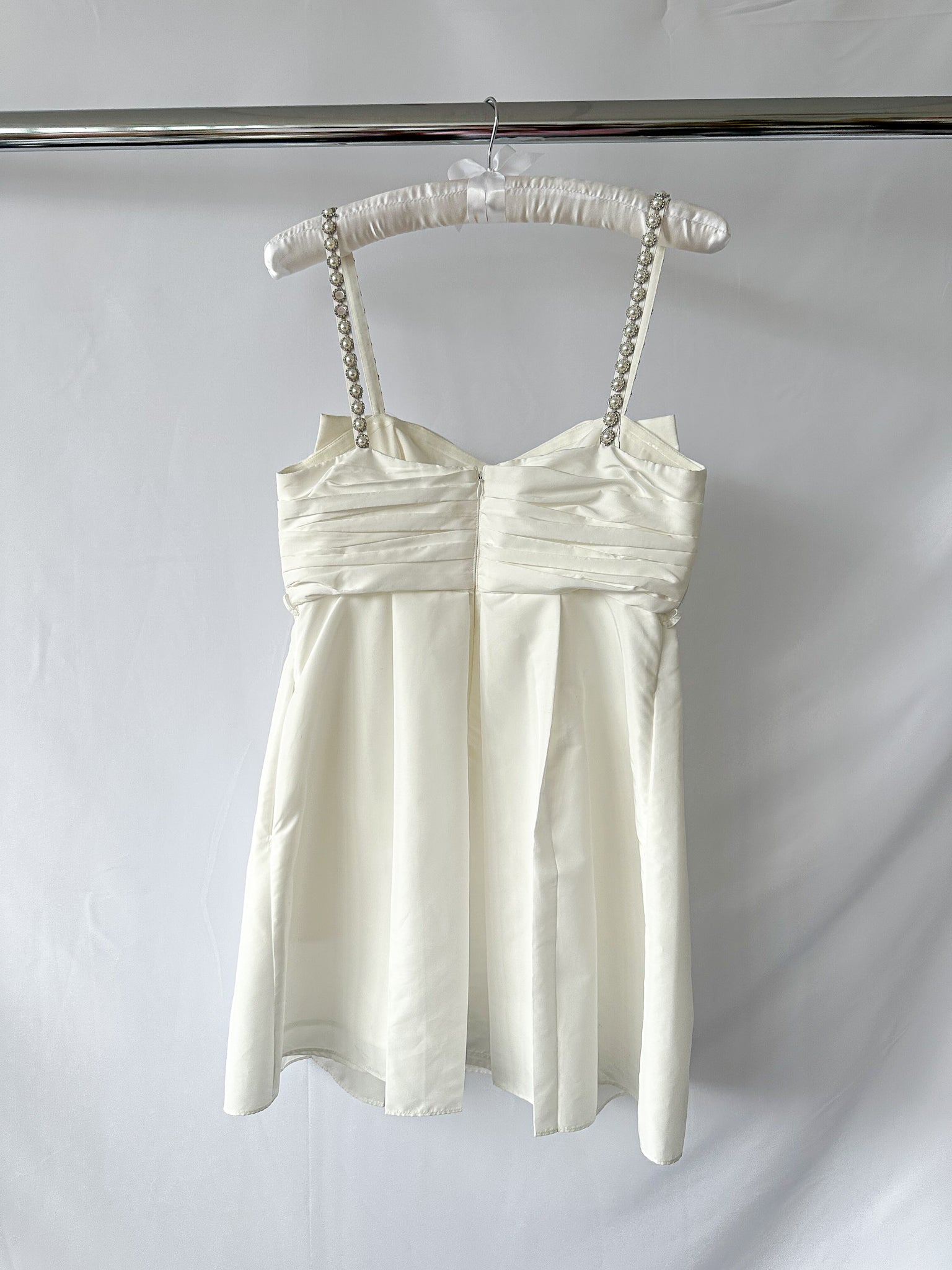 Self-Portrait White Bow Front Embellished Strap Taffeta Mini Dress