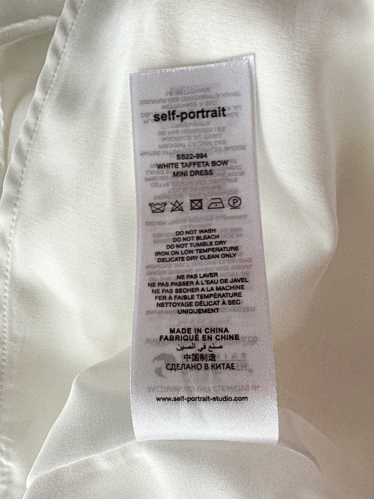 Self-Portrait White Bow Front Embellished Strap Taffeta Mini Dress