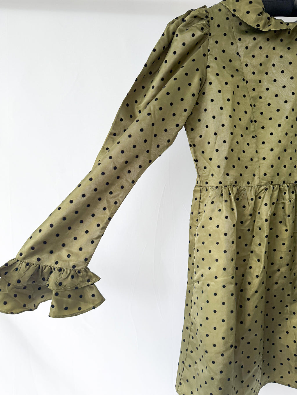 Batsheva Olivgrünes Prairie-Minikleid mit Tupfenmuster