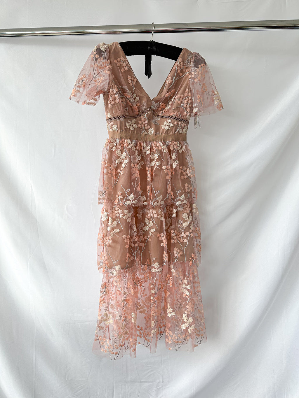 Self-Portrait Pink Flower Mesh Tiered Midi Dress