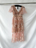 Self-Portrait Pink Flower Mesh Tiered Midi Dress