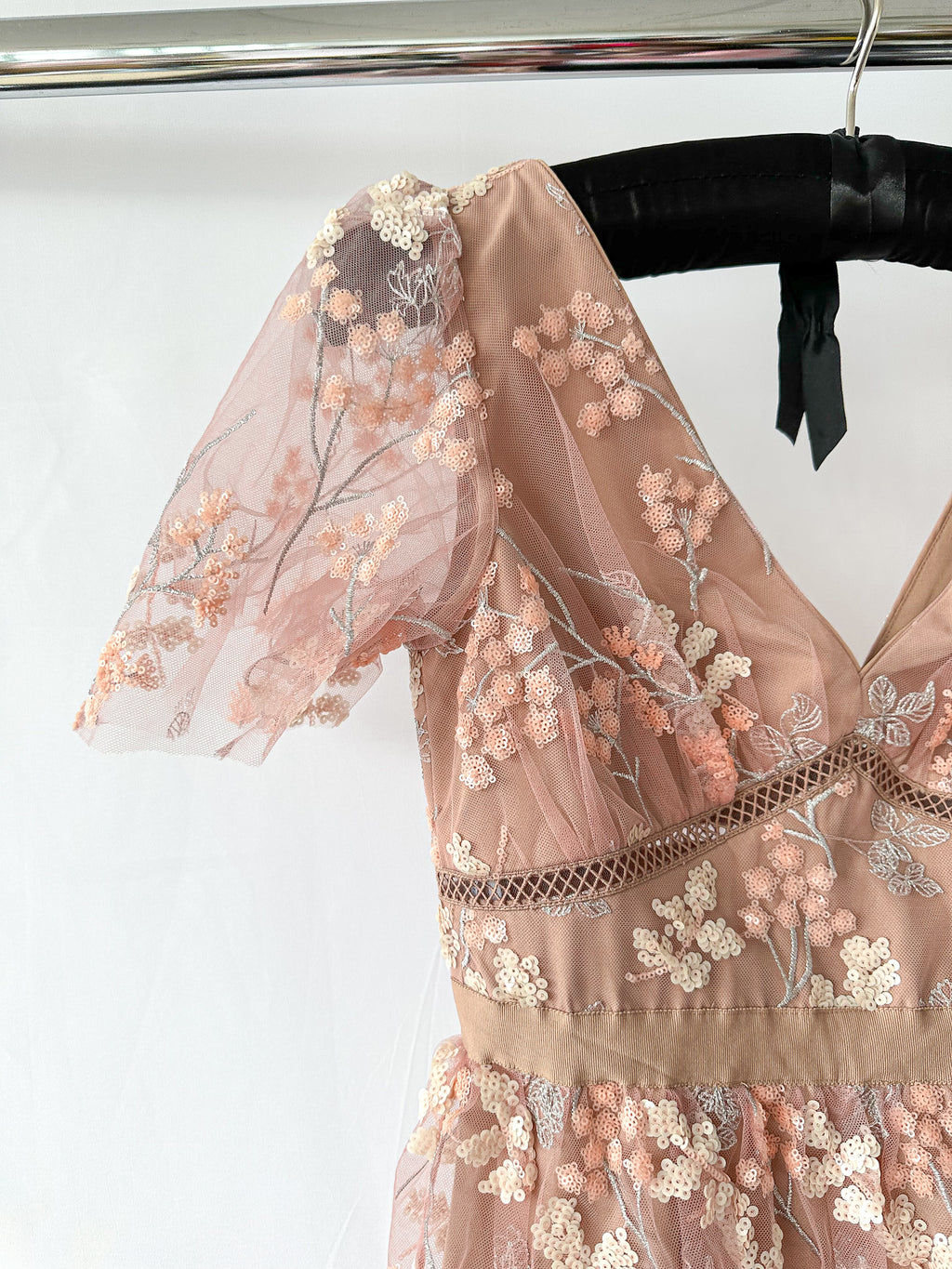 Self-Portrait Pink Flower Mesh Tiered Midi Dress