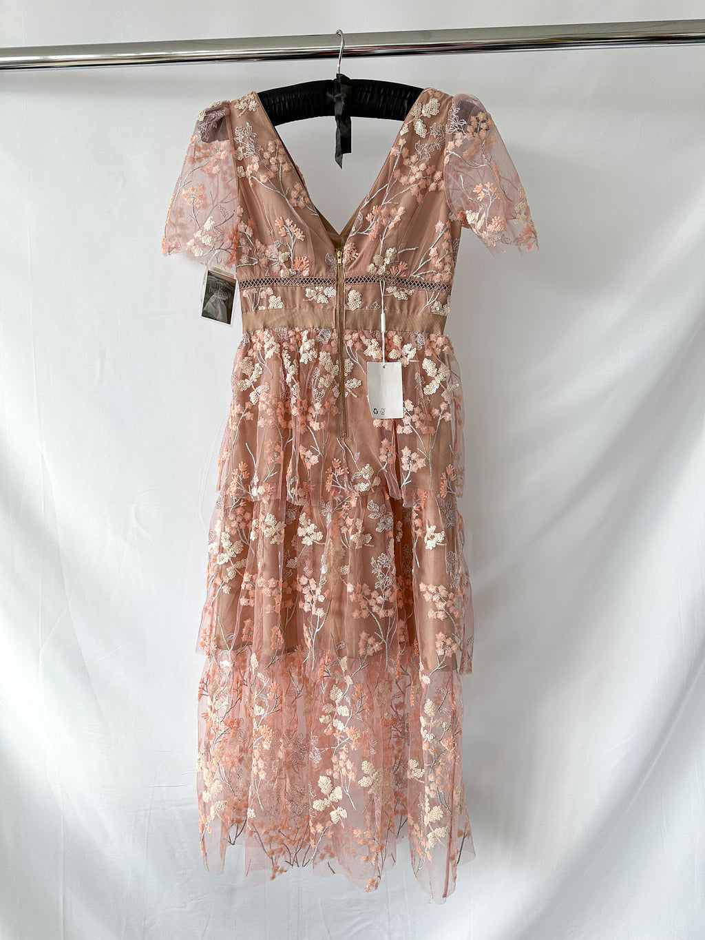 Self-Portrait Pink Flower Mesh Tiered Midi Dress