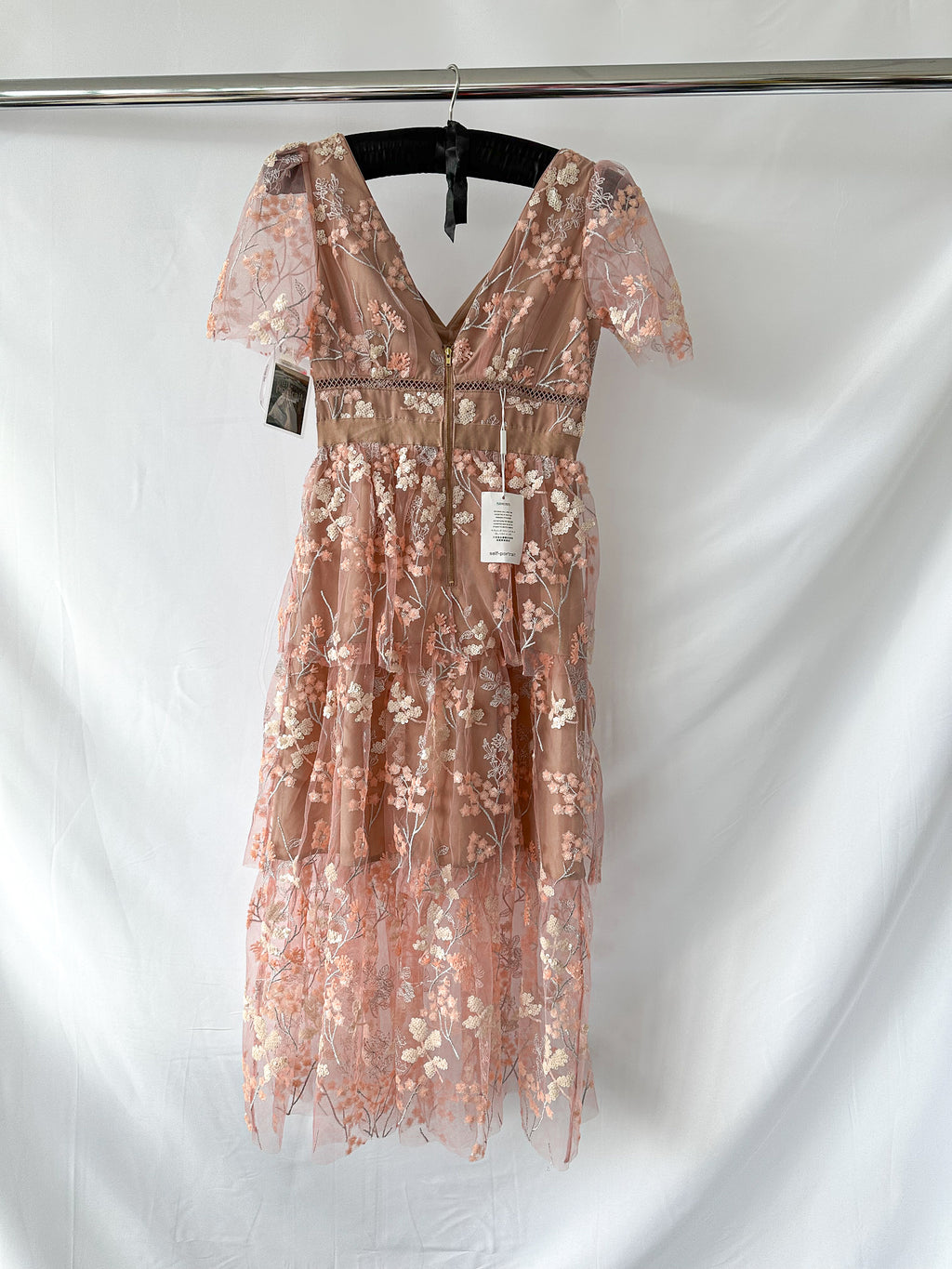 Self-Portrait Pink Flower Mesh Tiered Midi Dress