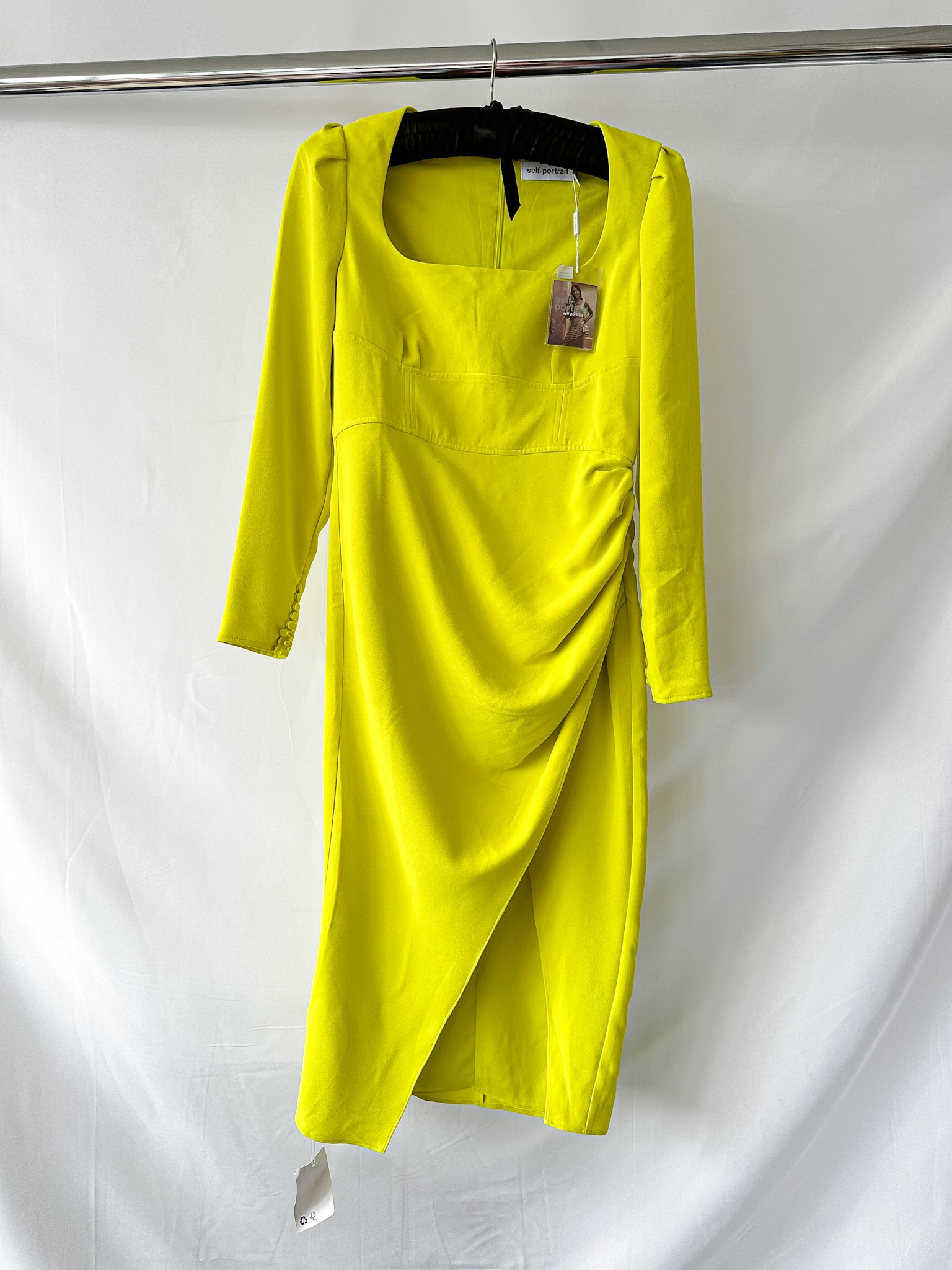 Self-Portrait Lime Green Ruched Crêpe Midi Dress
