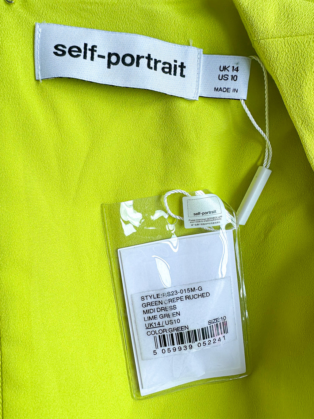 Self-Portrait Lime Green Ruched Crêpe Midi Dress
