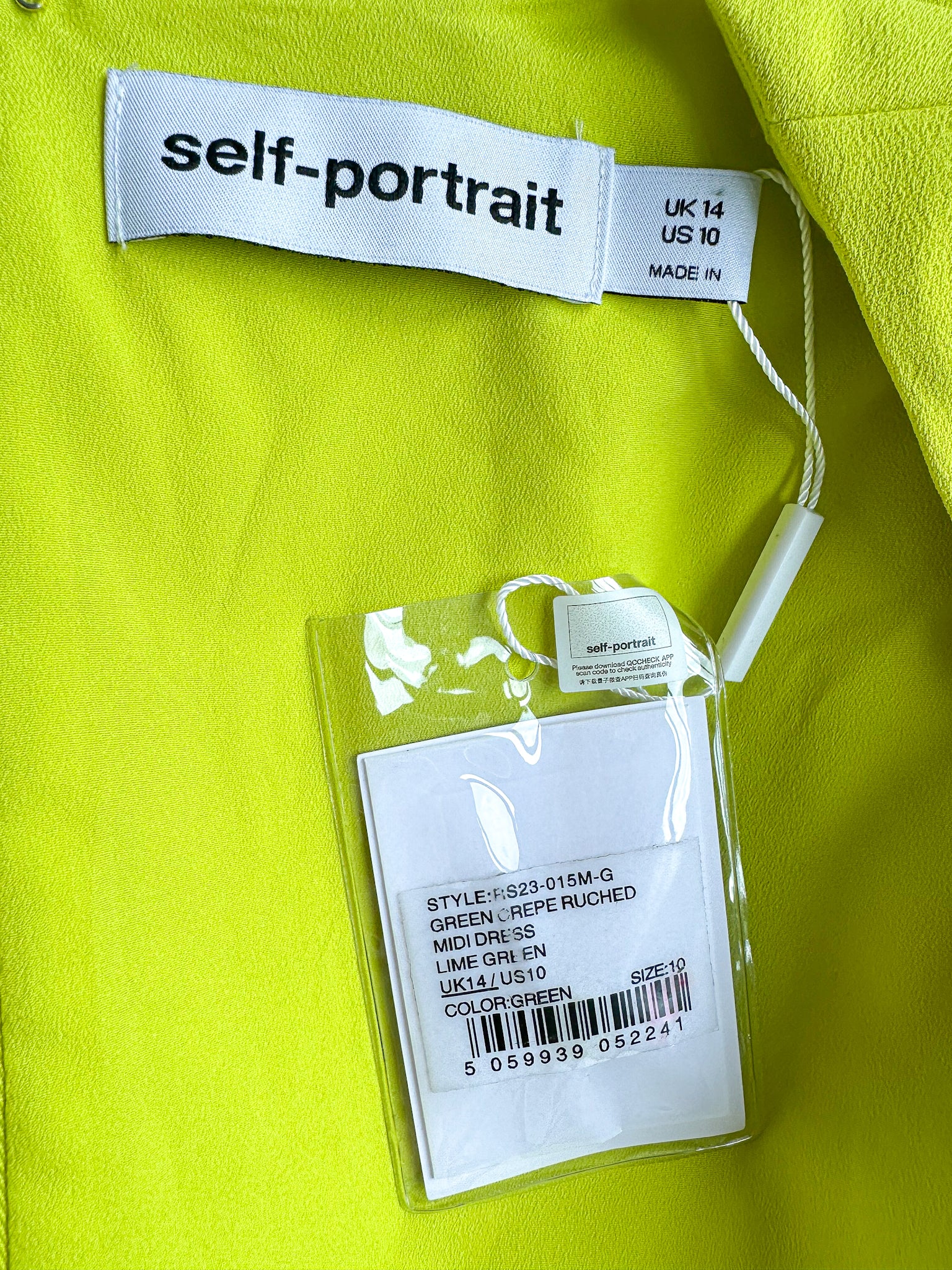 Self-Portrait Lime Green Ruched Crêpe Midi Dress