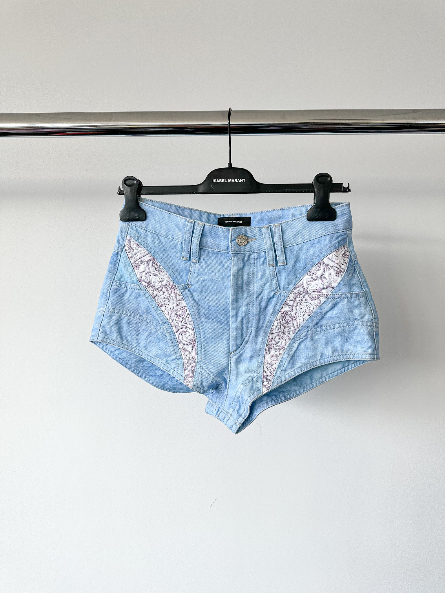 Isabel Marant Neida Floral Patchwork Detail Hot Denim Light Blue Mini Short Shorts