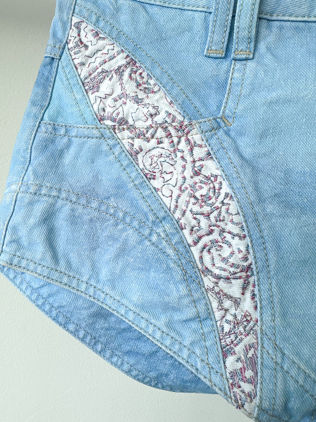 Isabel Marant Neida Floral Patchwork Detail Hot Denim Light Blue Mini Short Shorts