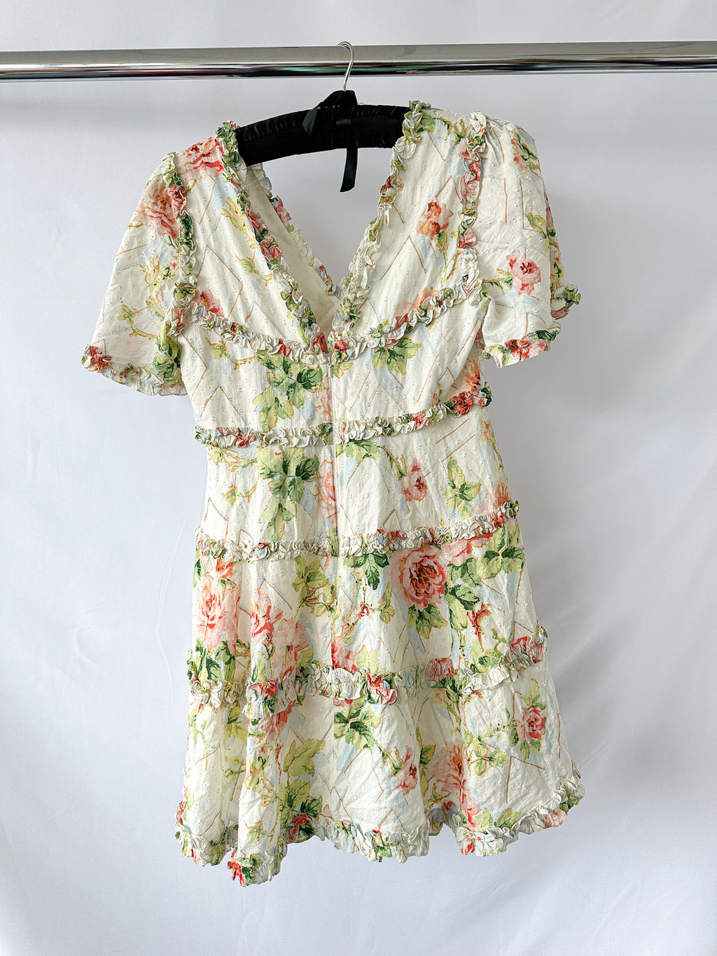 Needle and Thread Harlequin Floral Rose Print Ruffle Detail Mini Dress