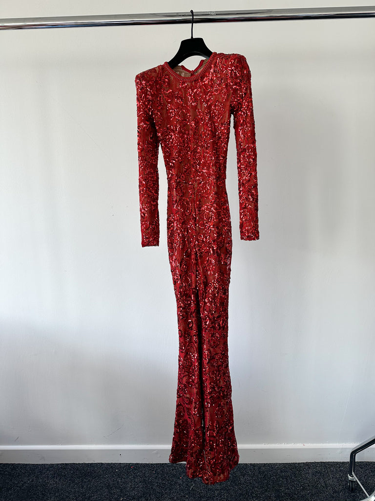 NADINE MERABI Red Bella Fully Sequinned Nude Lace Jumpsuit - House Of Huntington