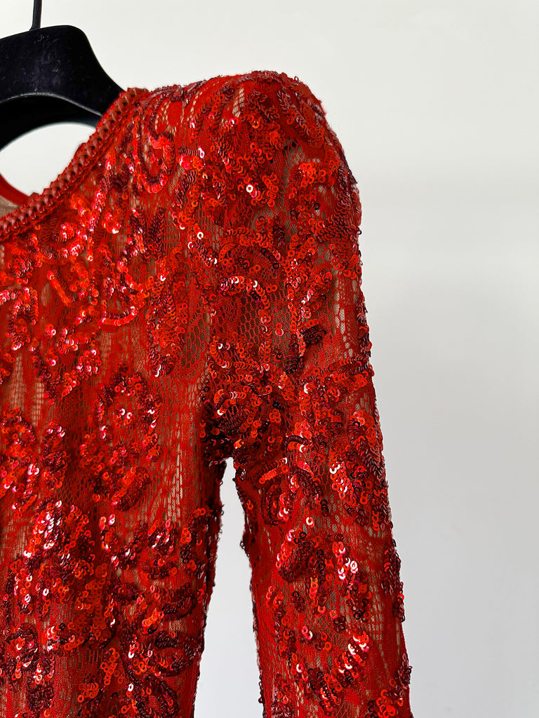 NADINE MERABI Red Bella Fully Sequinned Nude Lace Jumpsuit - House Of Huntington