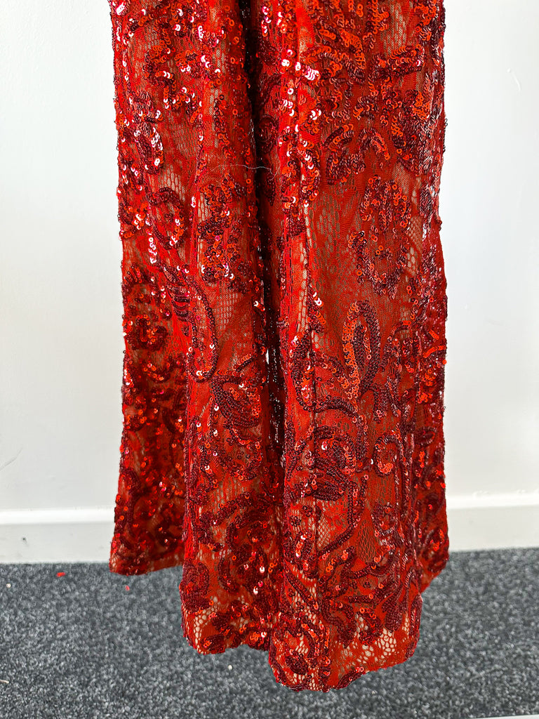 NADINE MERABI Red Bella Fully Sequinned Nude Lace Jumpsuit - House Of Huntington