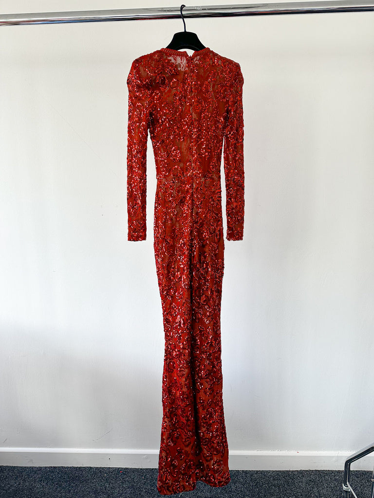 NADINE MERABI Red Bella Fully Sequinned Nude Lace Jumpsuit - House Of Huntington