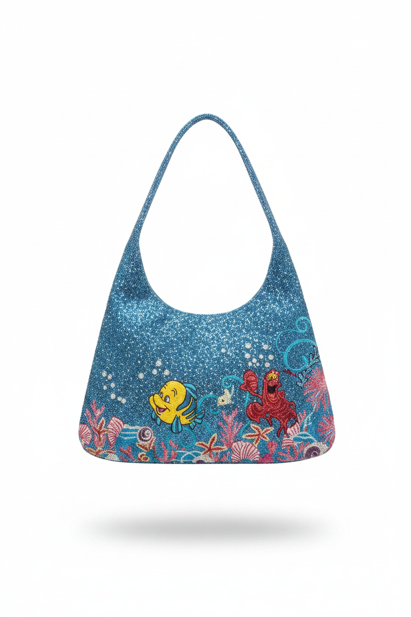 Blue beaded handbag with the little mermaid animation flounder and sebastian characters on a white background