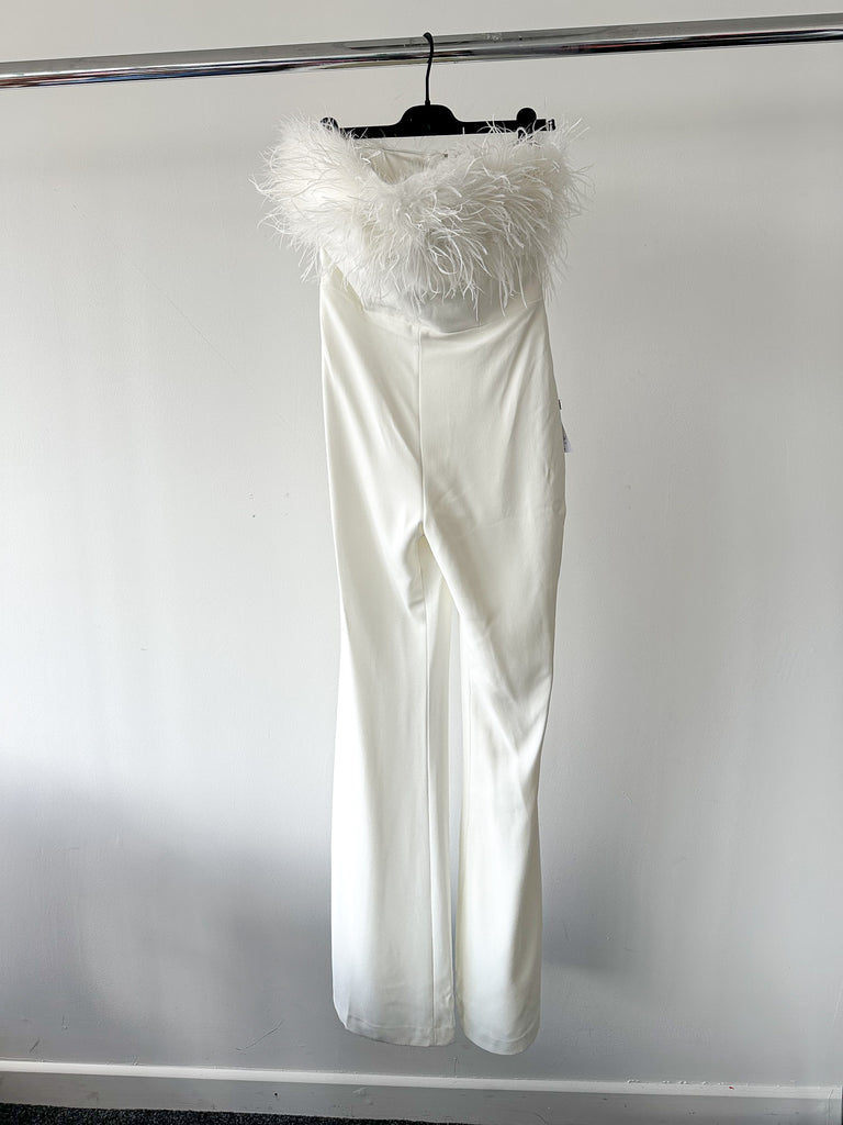 NADINE MERABI Colette White Corseted Strapless Feather Trim Jumpsuit - House Of Huntington