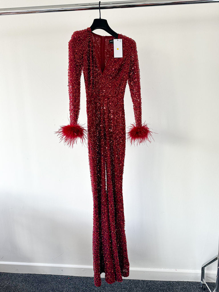 NADINE MERABI Red Rachel Beaded Sequinned Feather Cuff Jumpsuit - House Of Huntington