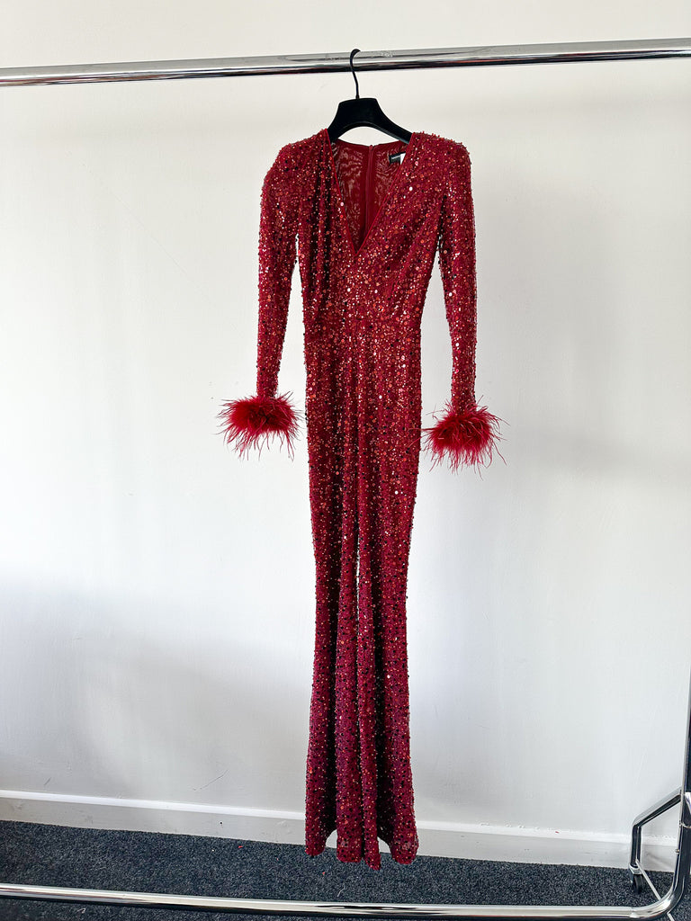 NADINE MERABI Red Rachel Beaded Sequinned Feather Cuff Jumpsuit - House Of Huntington