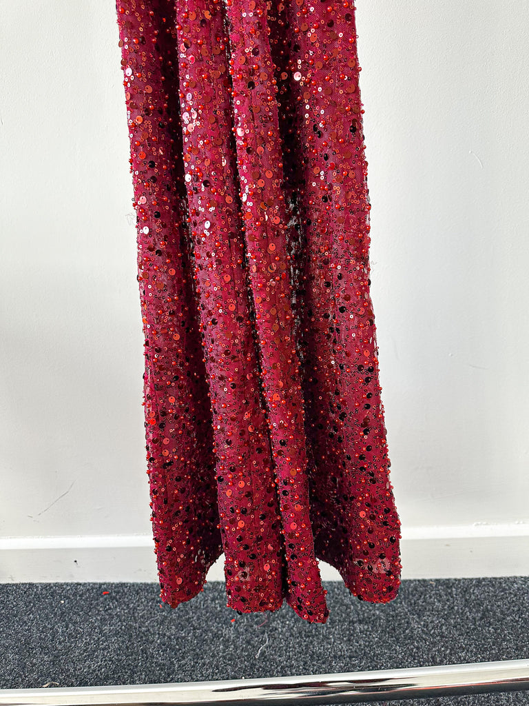 NADINE MERABI Red Rachel Beaded Sequinned Feather Cuff Jumpsuit - House Of Huntington