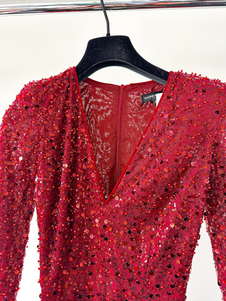 NADINE MERABI Red Rachel Beaded Sequinned Feather Cuff Jumpsuit - House Of Huntington