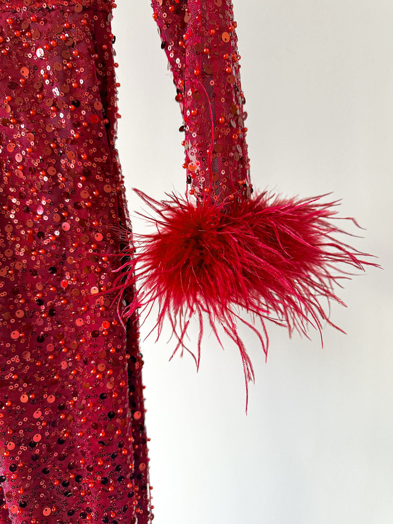 NADINE MERABI Red Rachel Beaded Sequinned Feather Cuff Jumpsuit - House Of Huntington