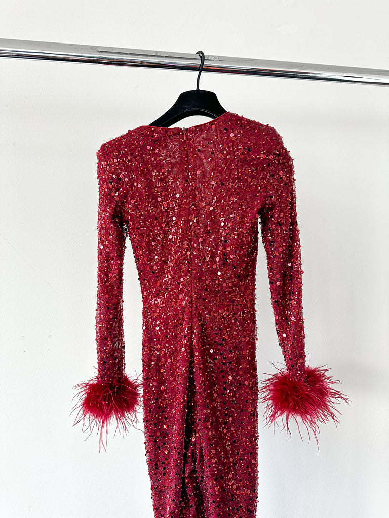 NADINE MERABI Red Rachel Beaded Sequinned Feather Cuff Jumpsuit - House Of Huntington