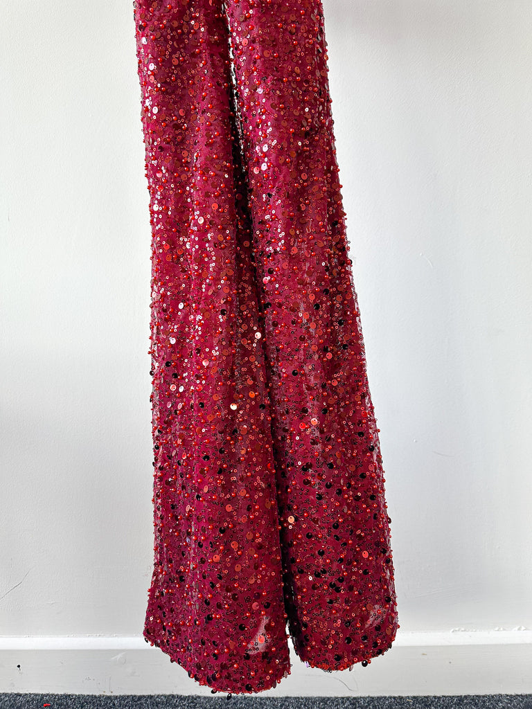 NADINE MERABI Red Rachel Beaded Sequinned Feather Cuff Jumpsuit - House Of Huntington