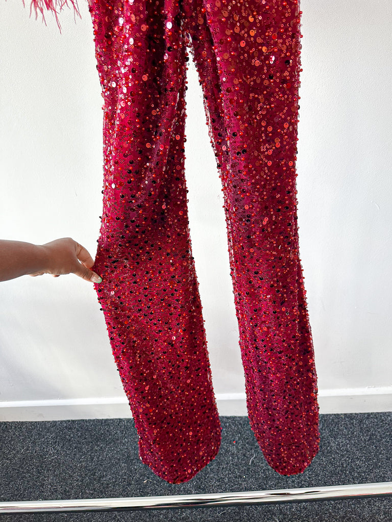 NADINE MERABI Red Rachel Beaded Sequinned Feather Cuff Jumpsuit - House Of Huntington