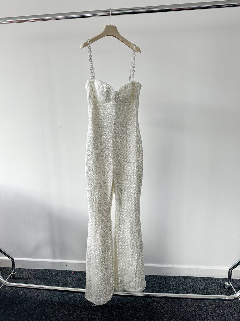 NADINE MERABI Lucinda White Sequinned Corseted Flared Leg Bridal Jumpsuit - House Of Huntington