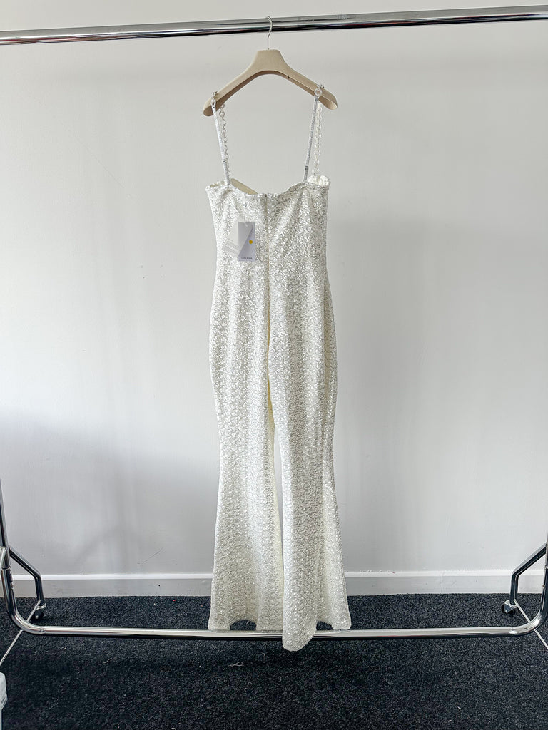 NADINE MERABI Lucinda White Sequinned Corseted Flared Leg Bridal Jumpsuit - House Of Huntington