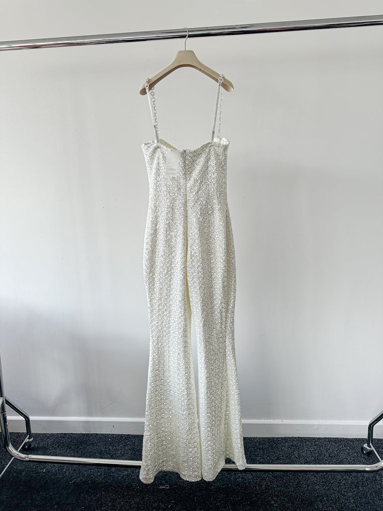 NADINE MERABI Lucinda White Sequinned Corseted Flared Leg Bridal Jumpsuit - House Of Huntington