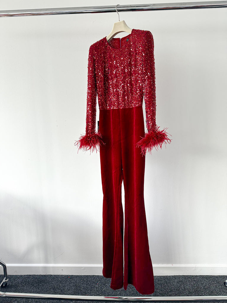 Nadine Merabi Monique Red Embellished Feather Cuff Velvet Flared Leg Jumpsuit - House Of Huntington