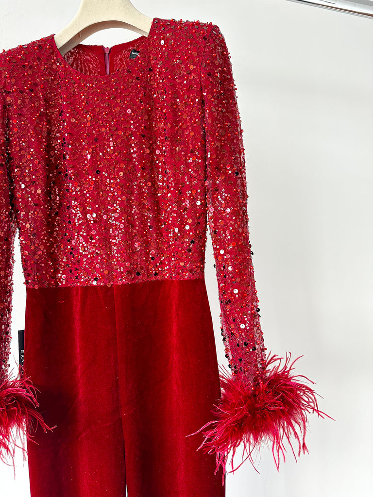 Nadine Merabi Monique Red Embellished Feather Cuff Velvet Flared Leg Jumpsuit - House Of Huntington