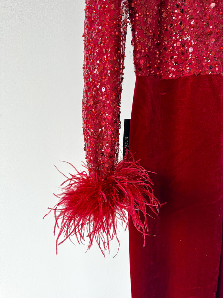 Nadine Merabi Monique Red Embellished Feather Cuff Velvet Flared Leg Jumpsuit - House Of Huntington