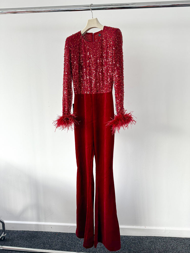 Nadine Merabi Monique Red Embellished Feather Cuff Velvet Flared Leg Jumpsuit - House Of Huntington