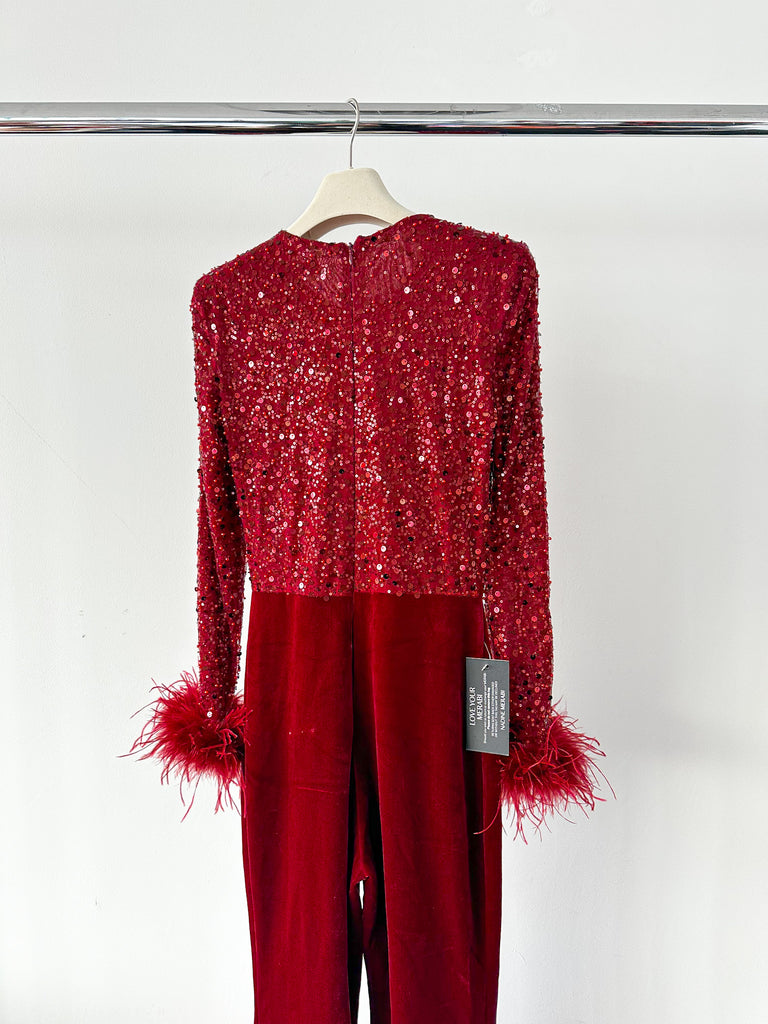 Nadine Merabi Monique Red Embellished Feather Cuff Velvet Flared Leg Jumpsuit - House Of Huntington