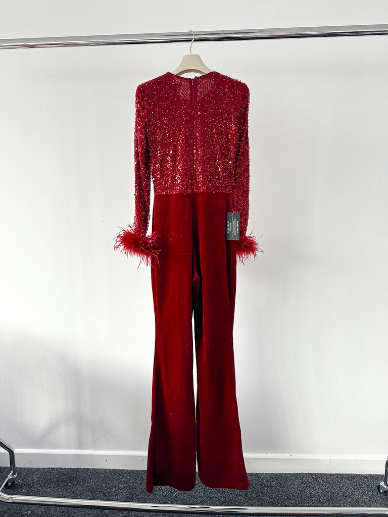 Nadine Merabi Monique Red Embellished Feather Cuff Velvet Flared Leg Jumpsuit - House Of Huntington