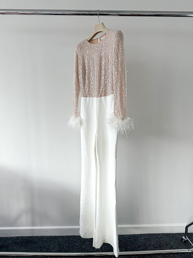 NADINE MERABI White Amelia Feather Trim Cuff Pearl Sequinned Jumpsuit - House Of Huntington