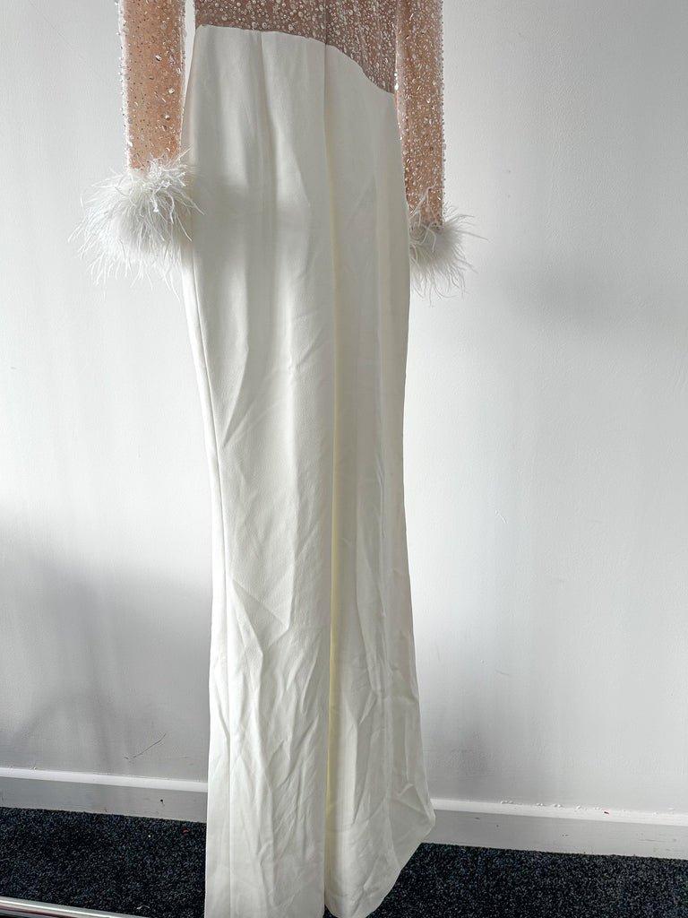 NADINE MERABI White Amelia Feather Trim Cuff Pearl Sequinned Jumpsuit - House Of Huntington