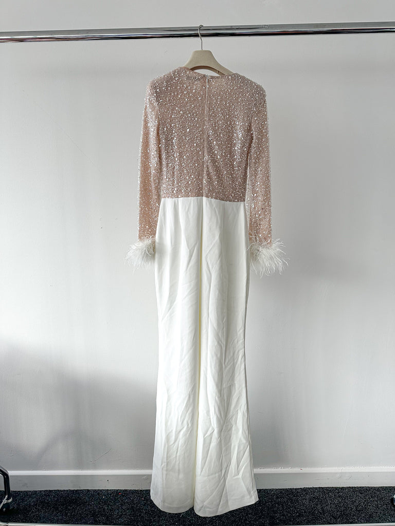 NADINE MERABI White Amelia Feather Trim Cuff Pearl Sequinned Jumpsuit - House Of Huntington