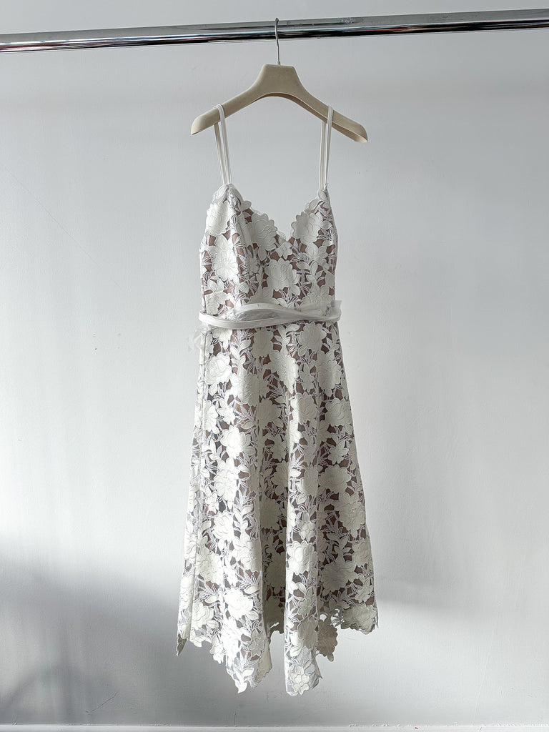 Nadine Merabi Alexandra White Embroidered Floral Full Skirt Midi Dress - House Of Huntington