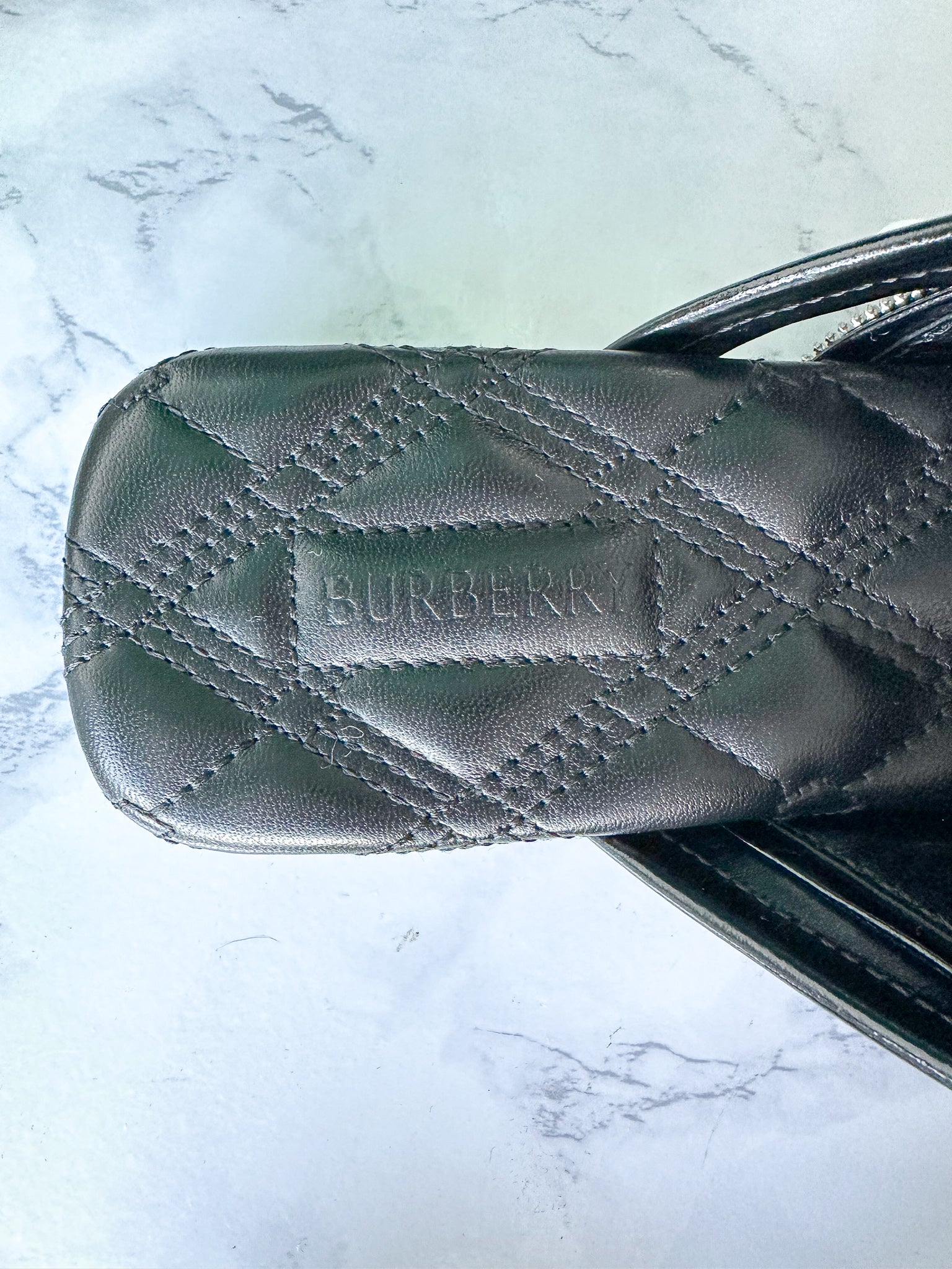 Burberry Leather Peep Slides Black Sandals