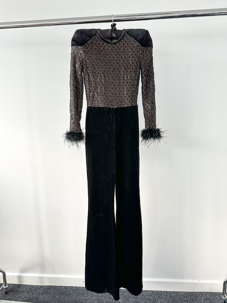 NADINE MERABI Black Monique Sequinned Lace Detail Feather Cuff Jumpsuit - House Of Huntington